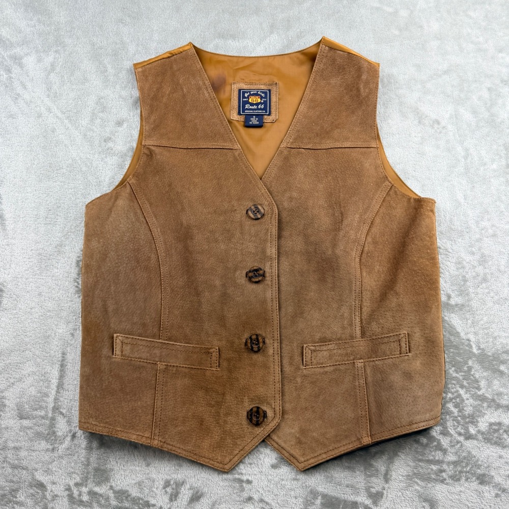 VTG Route 66 Men's Brown Suede Leather Western Vest Small Button Front V-Neck